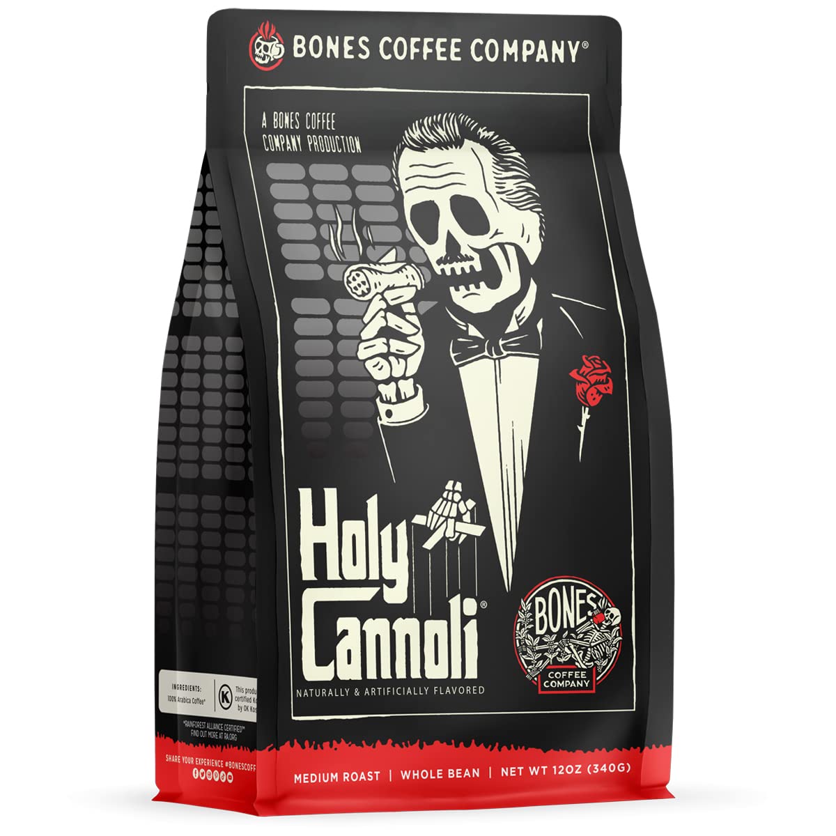 Bones Coffee Holy Cannoli bag of ground coffee shows resealable packaging for freshness