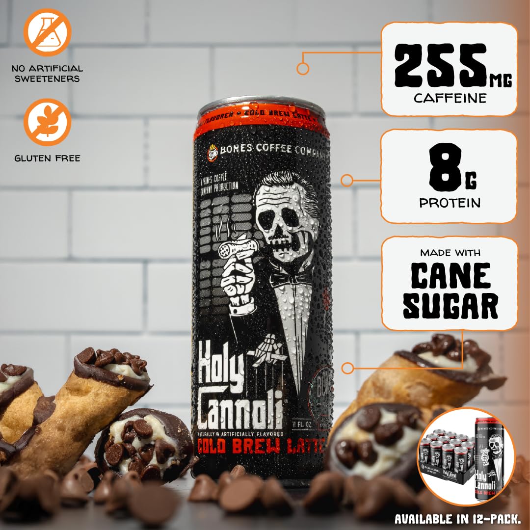 Bones Coffee Holy Cannoli Latte can highlights 100% Arabica beans for balanced flavor.