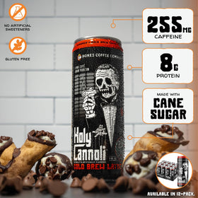 Bones Coffee Holy Cannoli Latte can highlights 100% Arabica beans for balanced flavor.