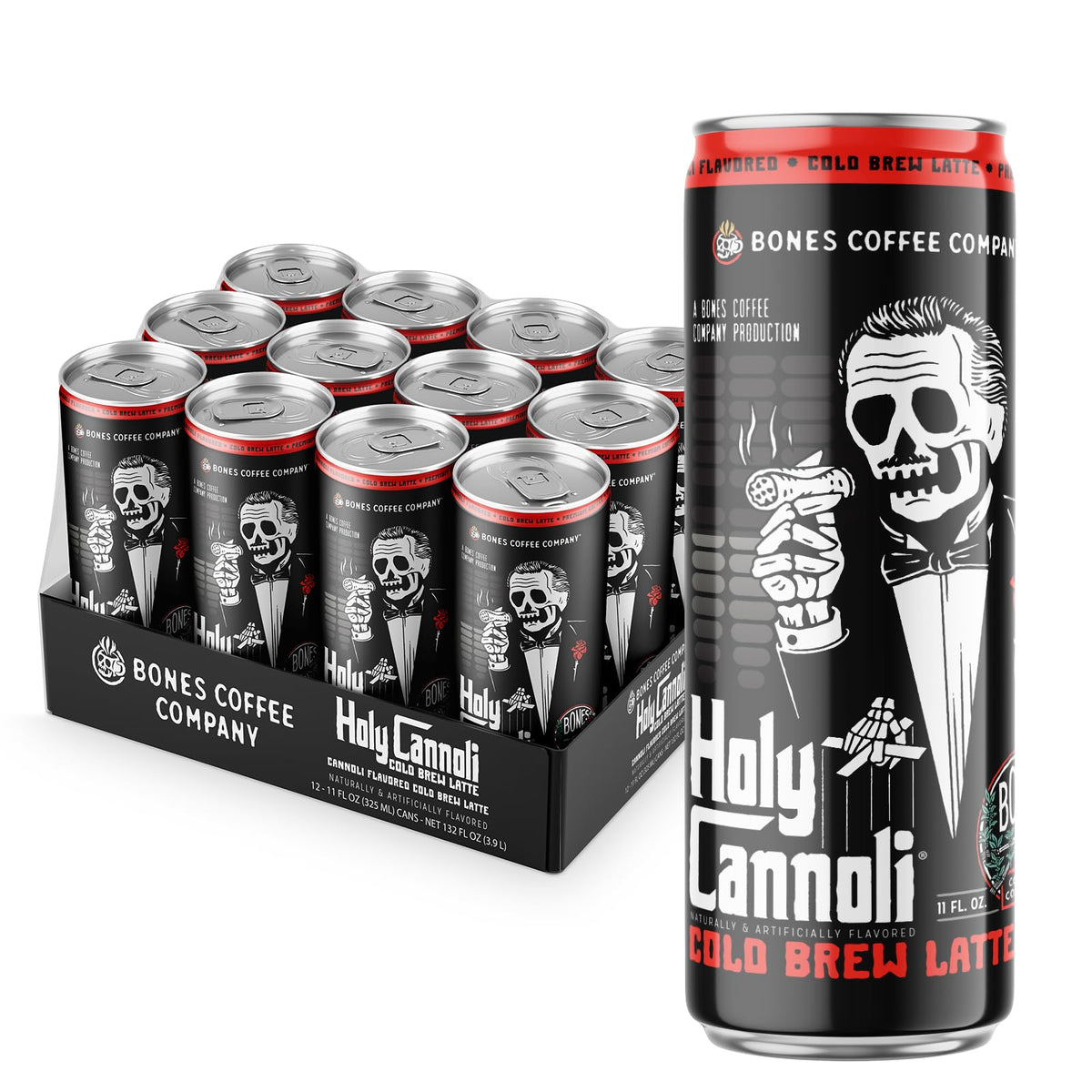 Bones Coffee Holy Cannoli Latte can front view showing cannoli flavor and grab-and-go appeal.