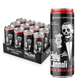 Bones Coffee Holy Cannoli Latte can front view showing cannoli flavor and grab-and-go appeal.