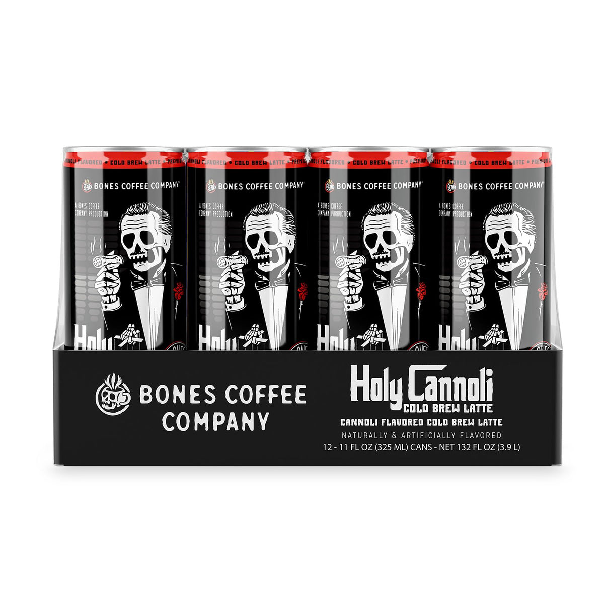 Bones Coffee Holy Cannoli Latte can being poured over ice for on-the-go refreshment.