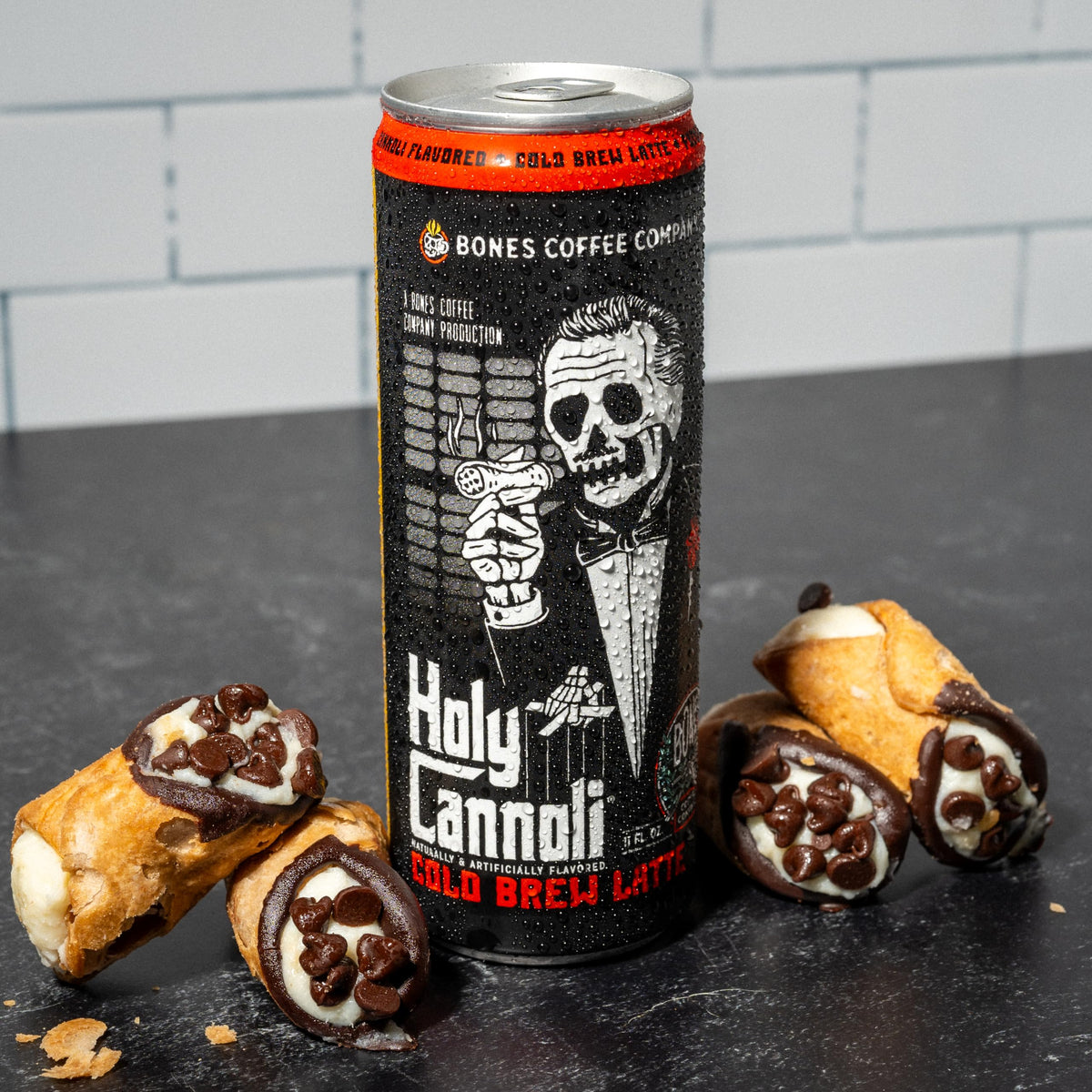 Bones Coffee Holy Cannoli Latte close-up texture reveals smooth creamy mouthfeel.