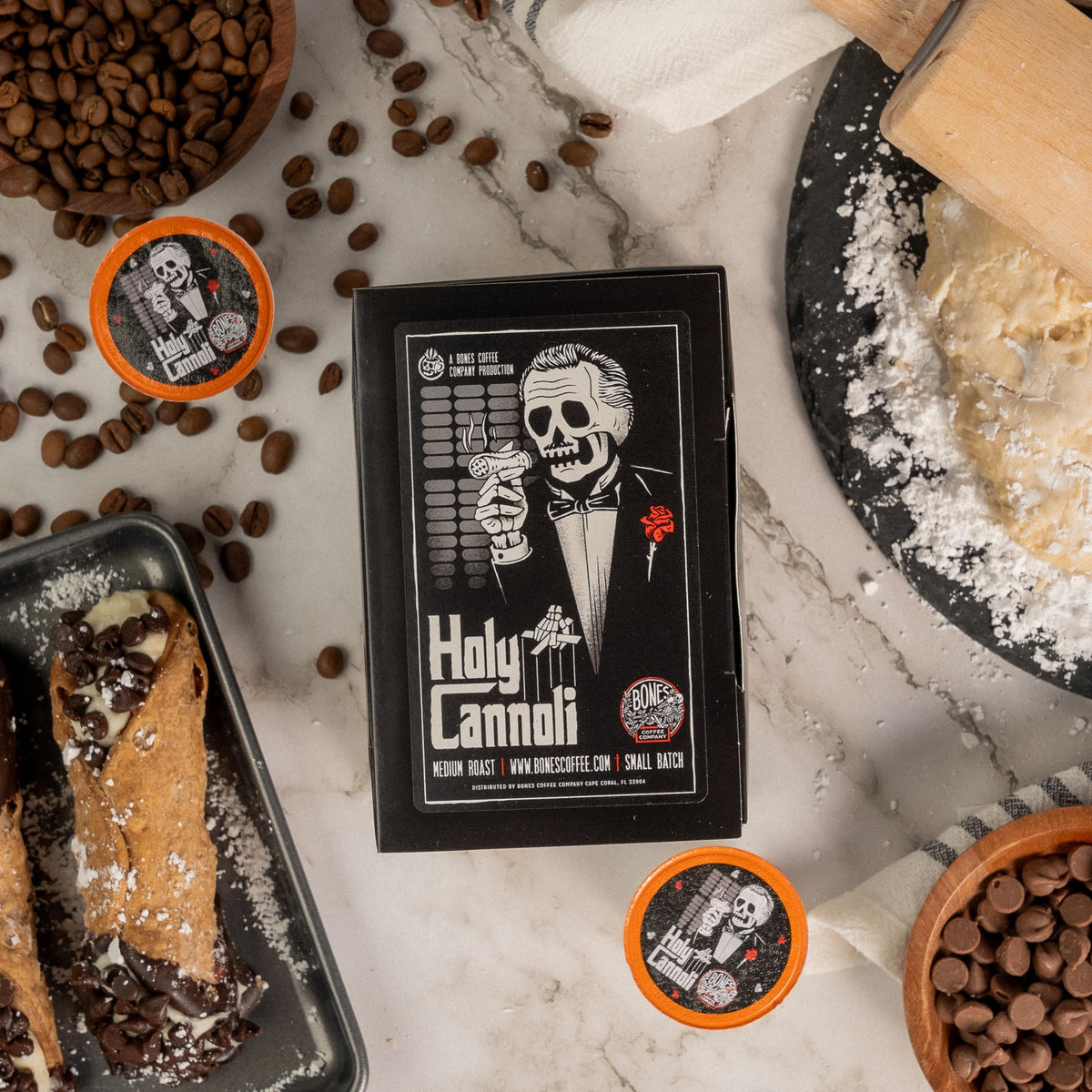 Close-up of Bones Coffee Holy Cannoli pod reveals rich aroma and smooth roast