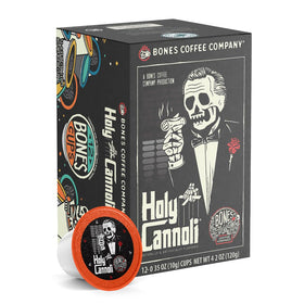 Bones Coffee Holy Cannoli pods packaging highlighting a dessert-inspired flavor