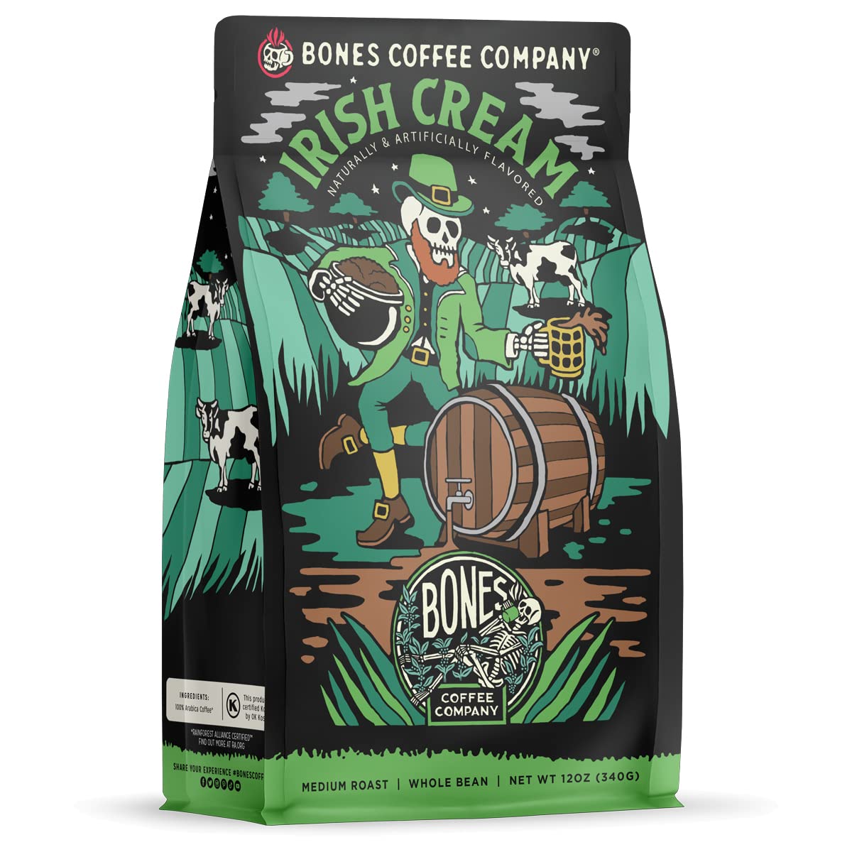 Bones Coffee Irish Cream coffee beans reveal creamy, nutty aroma for a smooth brew