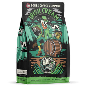 Bones Coffee Irish Cream coffee beans reveal creamy, nutty aroma for a smooth brew