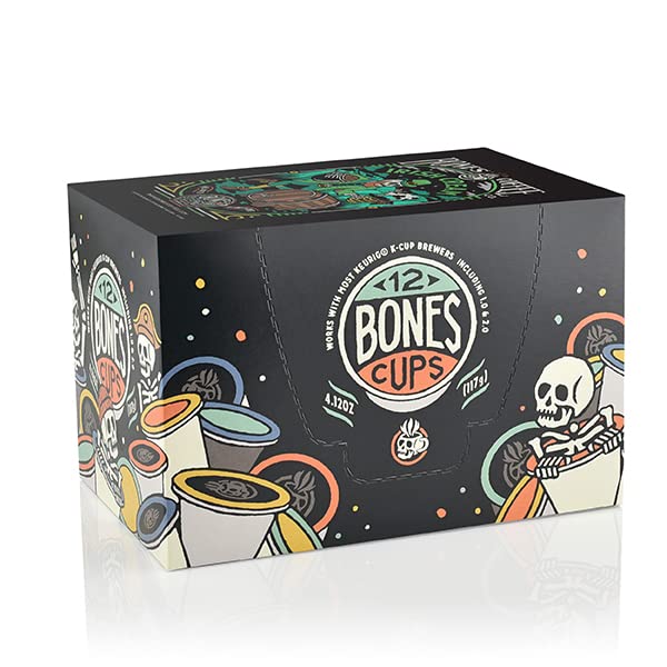 Bones Coffee Irish Cream pod in cup with steam, creamy aroma in minutes.
