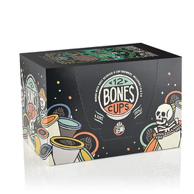 Bones Coffee Irish Cream pod in cup with steam, creamy aroma in minutes.