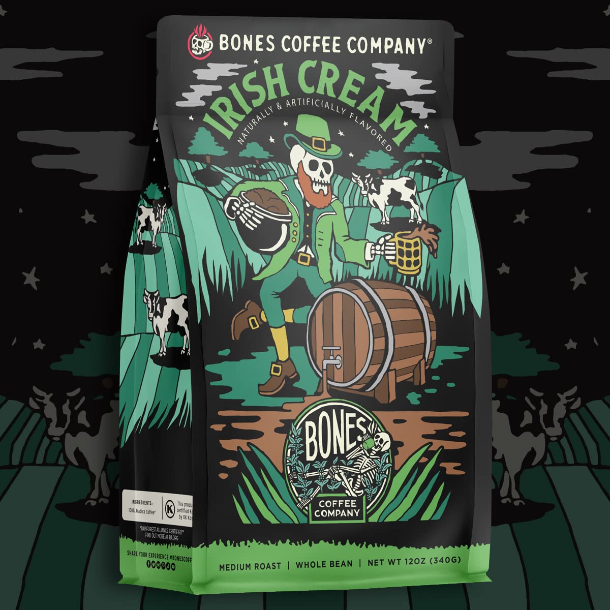 French press brew of Bones Coffee Irish Cream showing rich, creamy notes