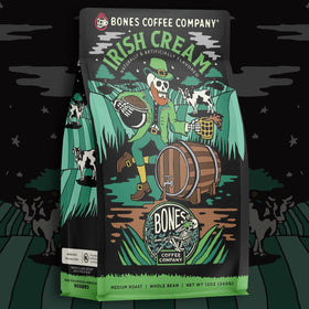 French press brew of Bones Coffee Irish Cream showing rich, creamy notes