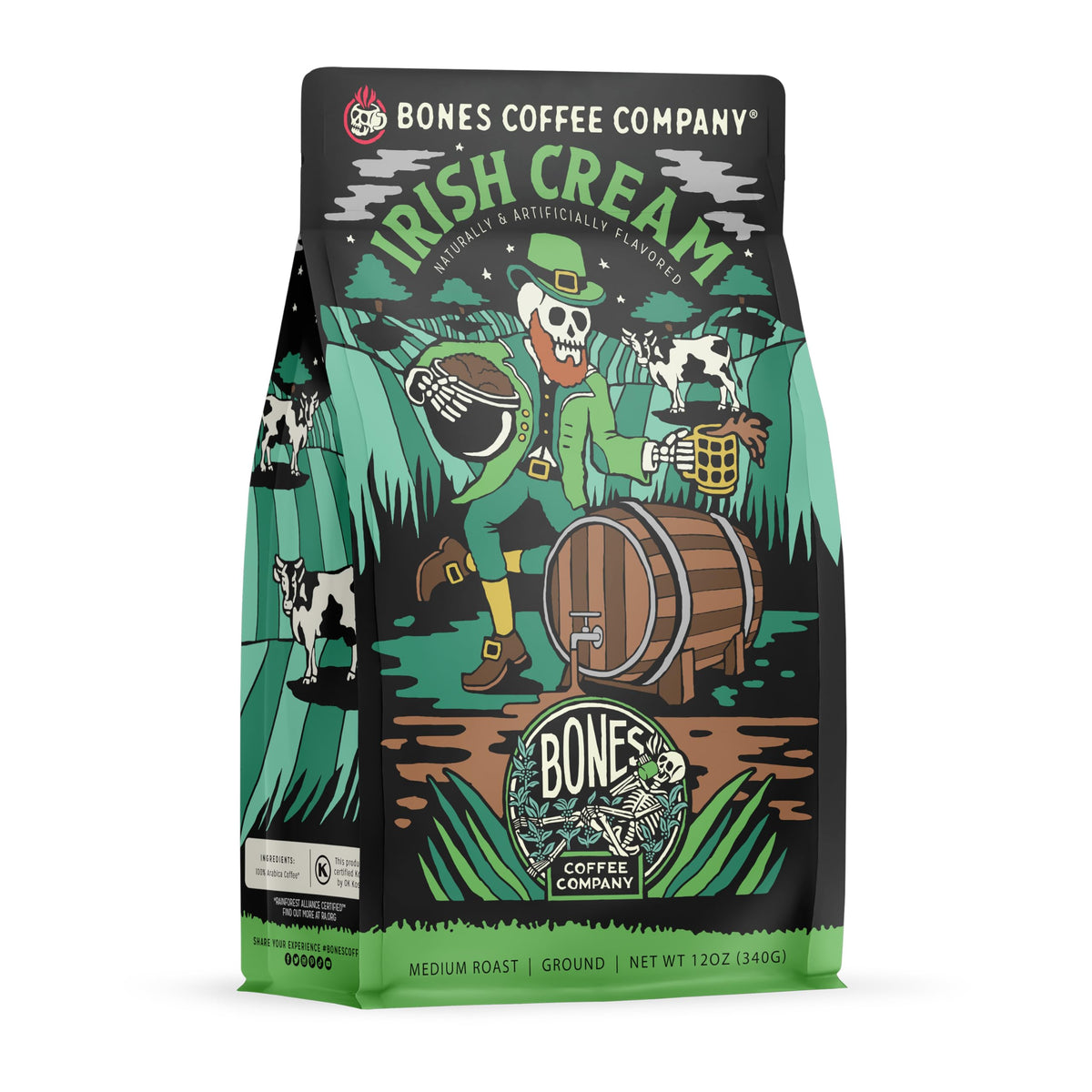 Bones Coffee Company Irish Cream ground bag showing creamy flavor potential for daily use