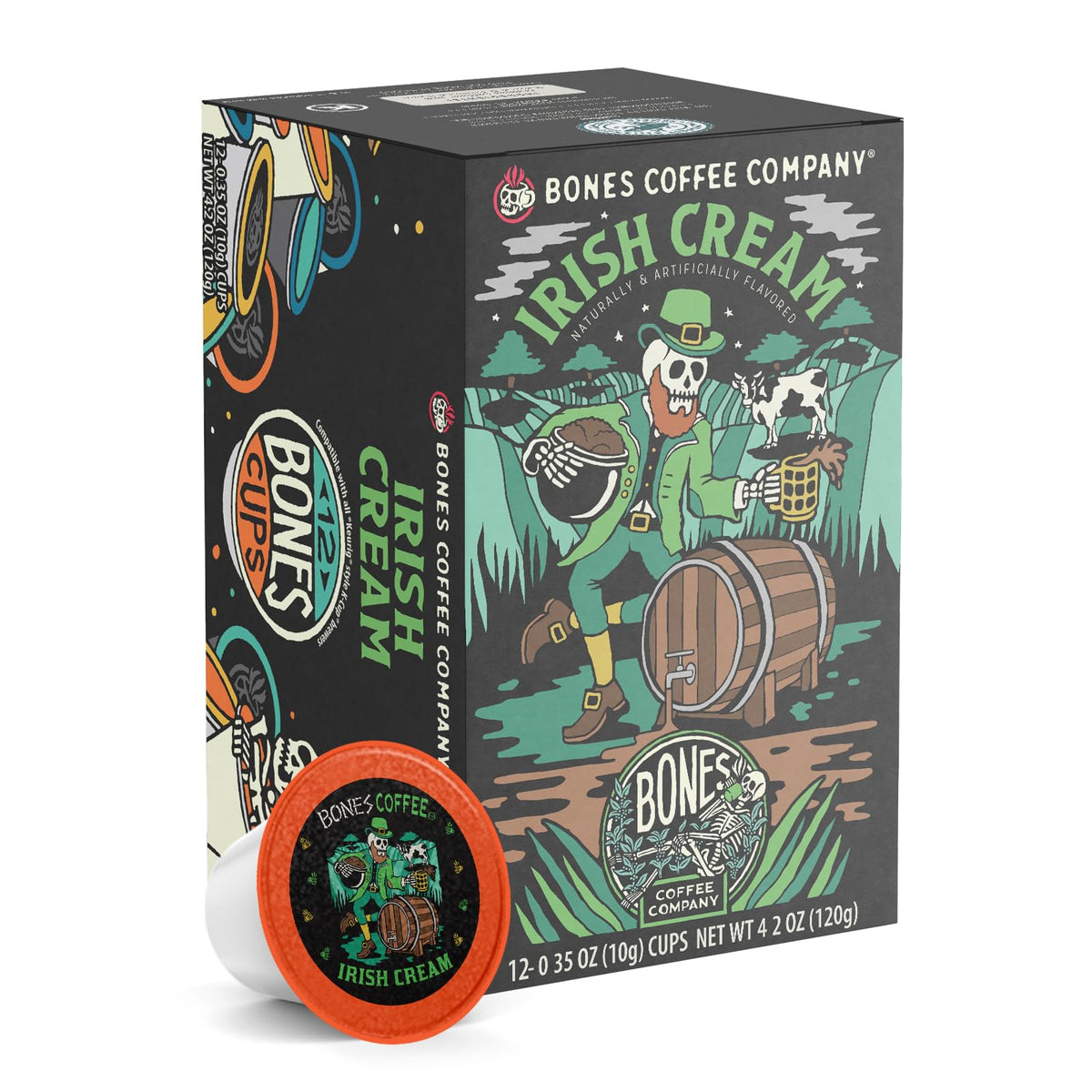 Bones Coffee Irish Cream pods pack shot showing convenient single-serve pods.