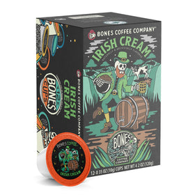 Bones Coffee Irish Cream pods pack shot showing convenient single-serve pods.