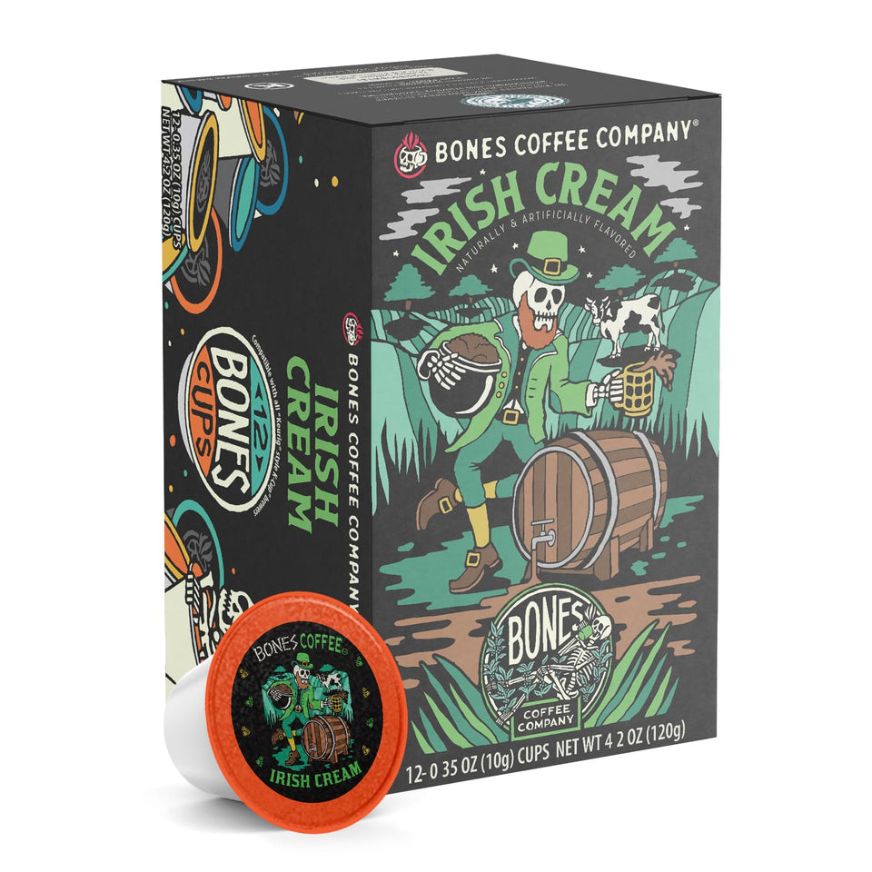 Bones Coffee Irish Cream pods pack shot showing convenient single-serve pods.