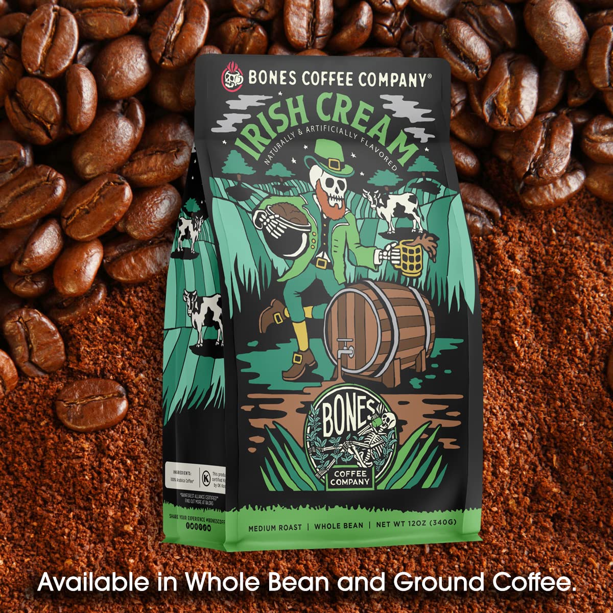 Bones Coffee Company Irish Cream roasted beans closeup emphasizing artisan craft and aroma