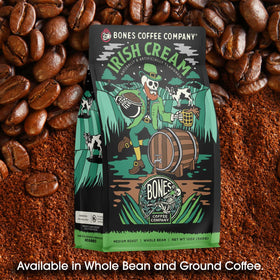 Bones Coffee Company Irish Cream roasted beans closeup emphasizing artisan craft and aroma