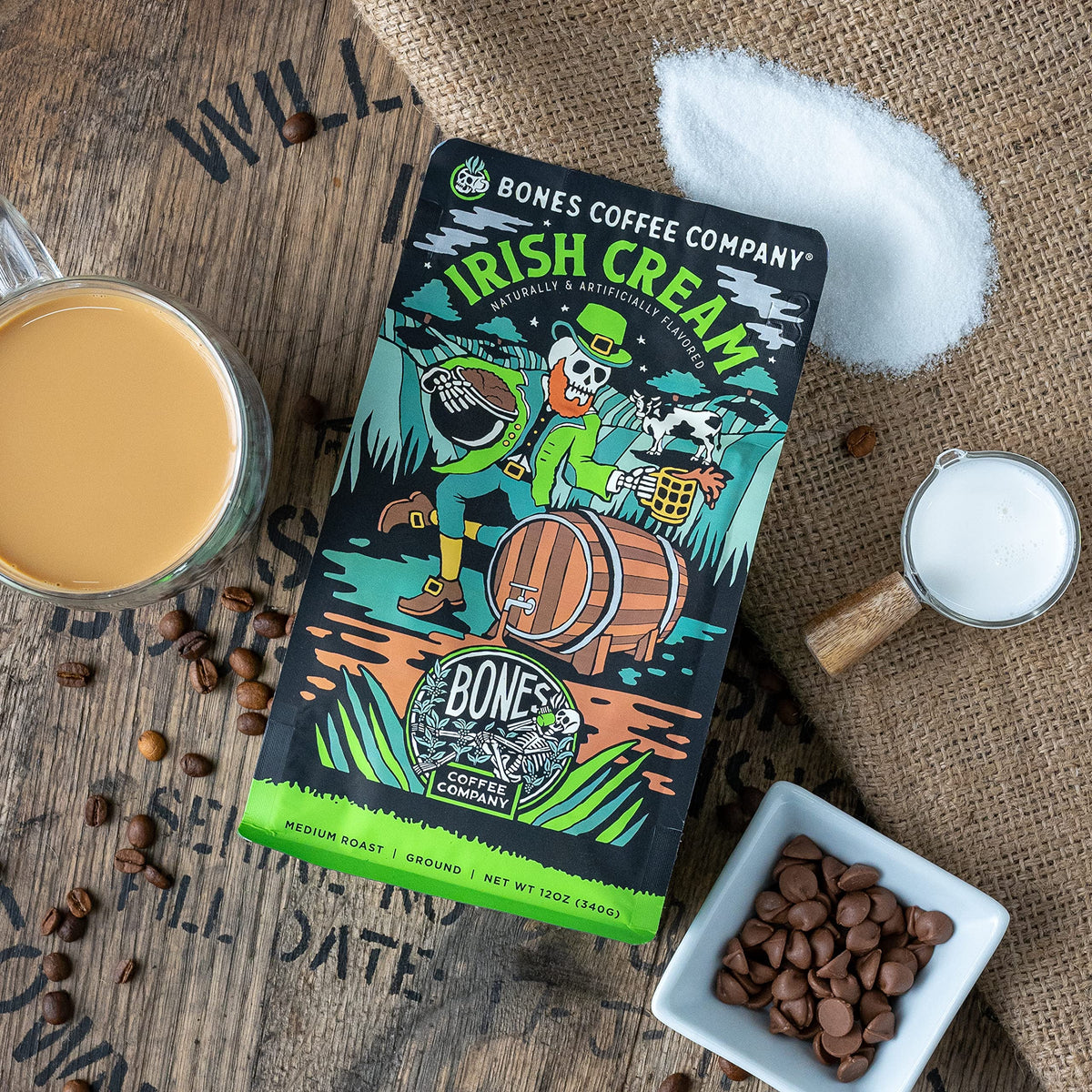 Bones Coffee Company Irish Cream vegan keto friendly label on bag signals dairy-free sugar-free options