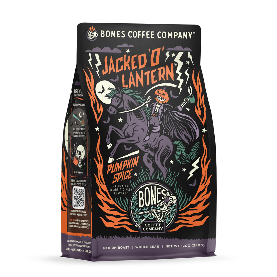 Bones Coffee Jacked O Lantern bag with pumpkin spice aroma for mornings.