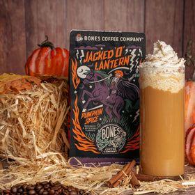 Bones Coffee Jacked O Lantern beans, ethically sourced Arabica.