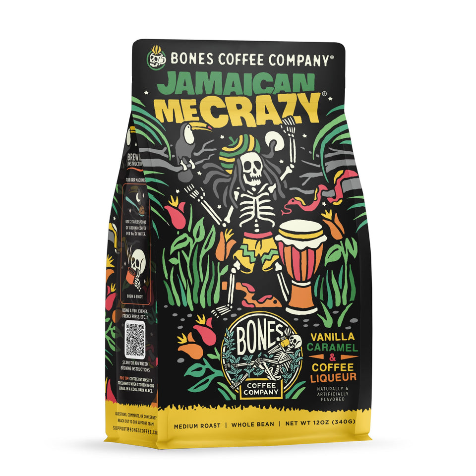 Bones Coffee Jamaican Me Crazy vanilla caramel beans with rich aroma for easy mornings