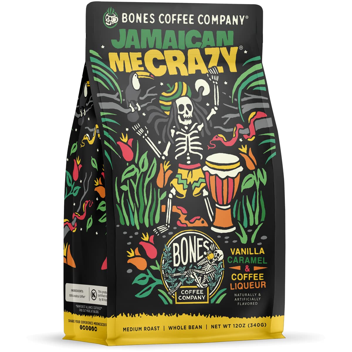 Bones Coffee Jamaican Me Crazy vanilla caramel ground bag ready for your morning brew.