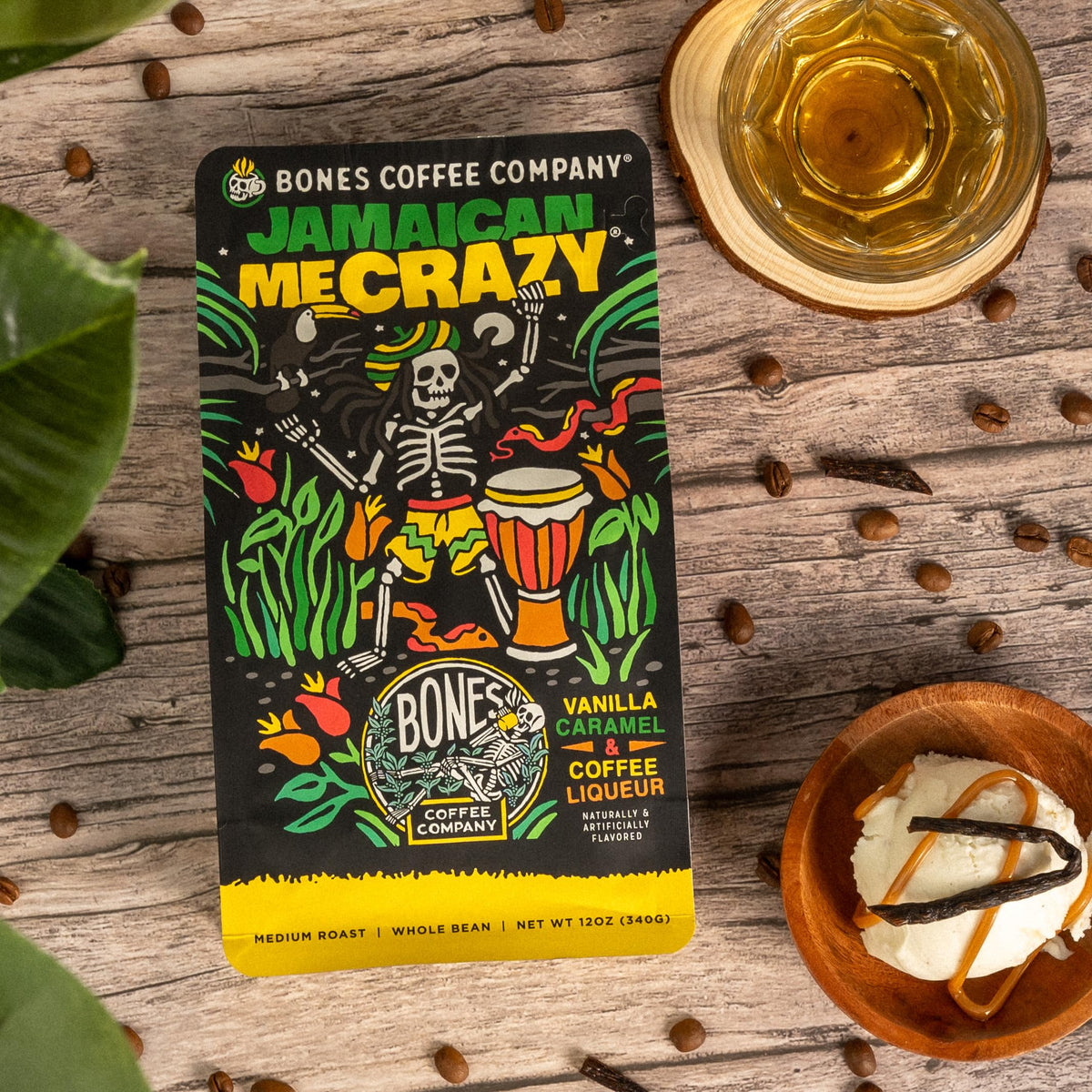 Bones Coffee Jamaican Me Crazy vanilla caramel ground coffee ideal for auto drip