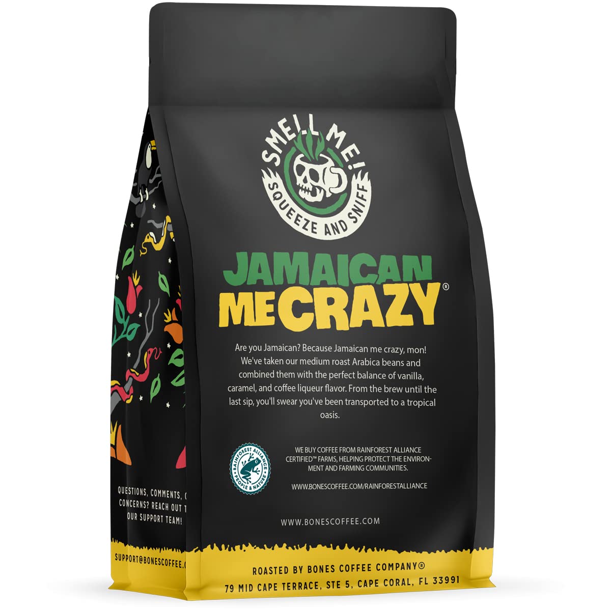 Bones Coffee Jamaican Me Crazy vanilla caramel hot brew cup with inviting aroma.