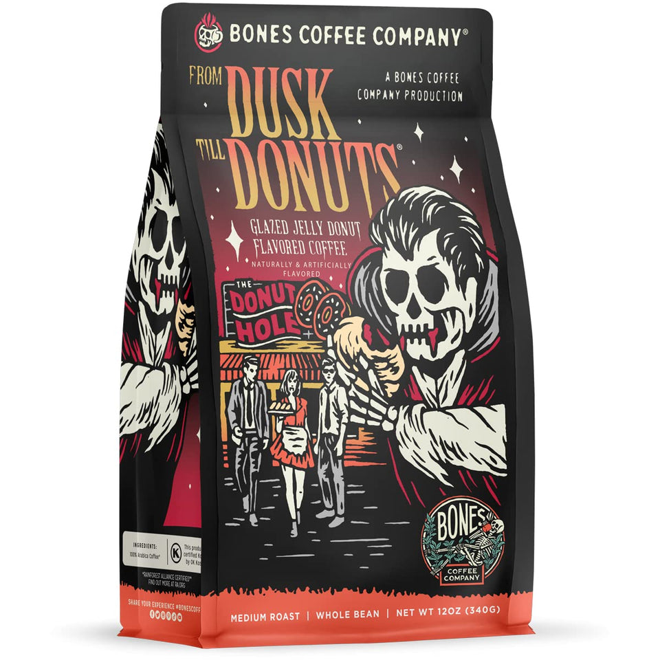 Bones Coffee jelly-donut-flavor bottle shows dessert-inspired aroma for a playful morning cup.