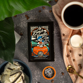 Bones Coffee Keurig-compatible pods on shelf, easy breakfast upgrade