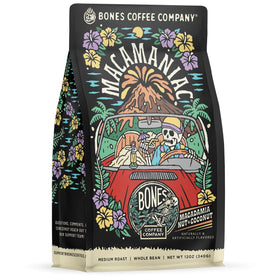 Bones Coffee Macamaniac bag view with resealable packaging for freshness.