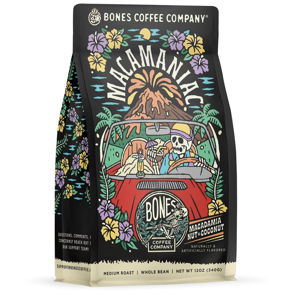 Bones Coffee Macamaniac beans closeup; buttery macadamia aroma boosts morning ritual.