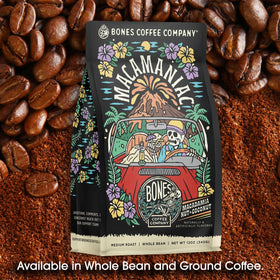 Bones Coffee Macamaniac ground coffee pour-ready for auto drip use.