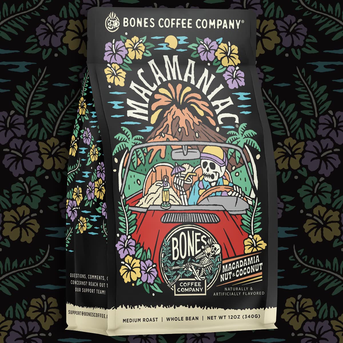 Bones Coffee Macamaniac ground for auto-drip; convenient everyday coffee.