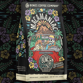 Bones Coffee Macamaniac ground for auto-drip; convenient everyday coffee.
