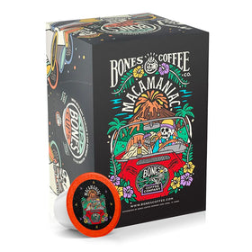Bones Coffee Macamaniac pod packaging highlights recyclable capsules for eco-conscious brewing.
