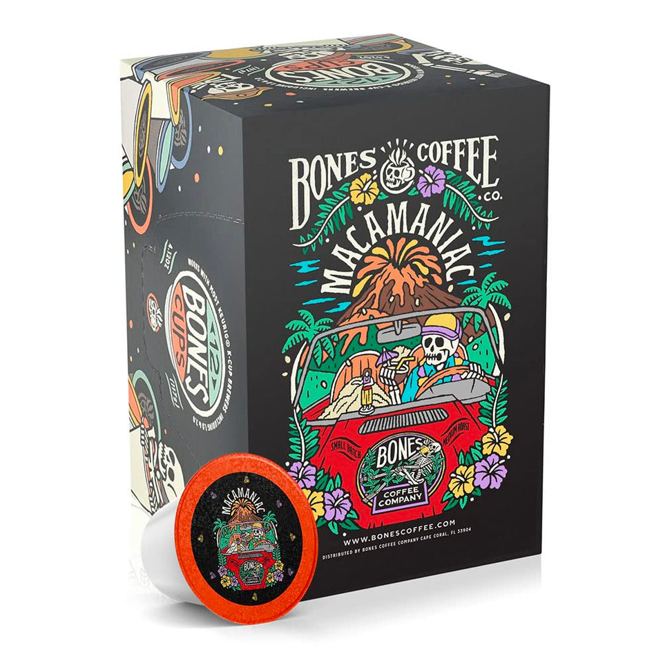 Bones Coffee Macamaniac pod packaging highlights recyclable capsules for eco-conscious brewing.