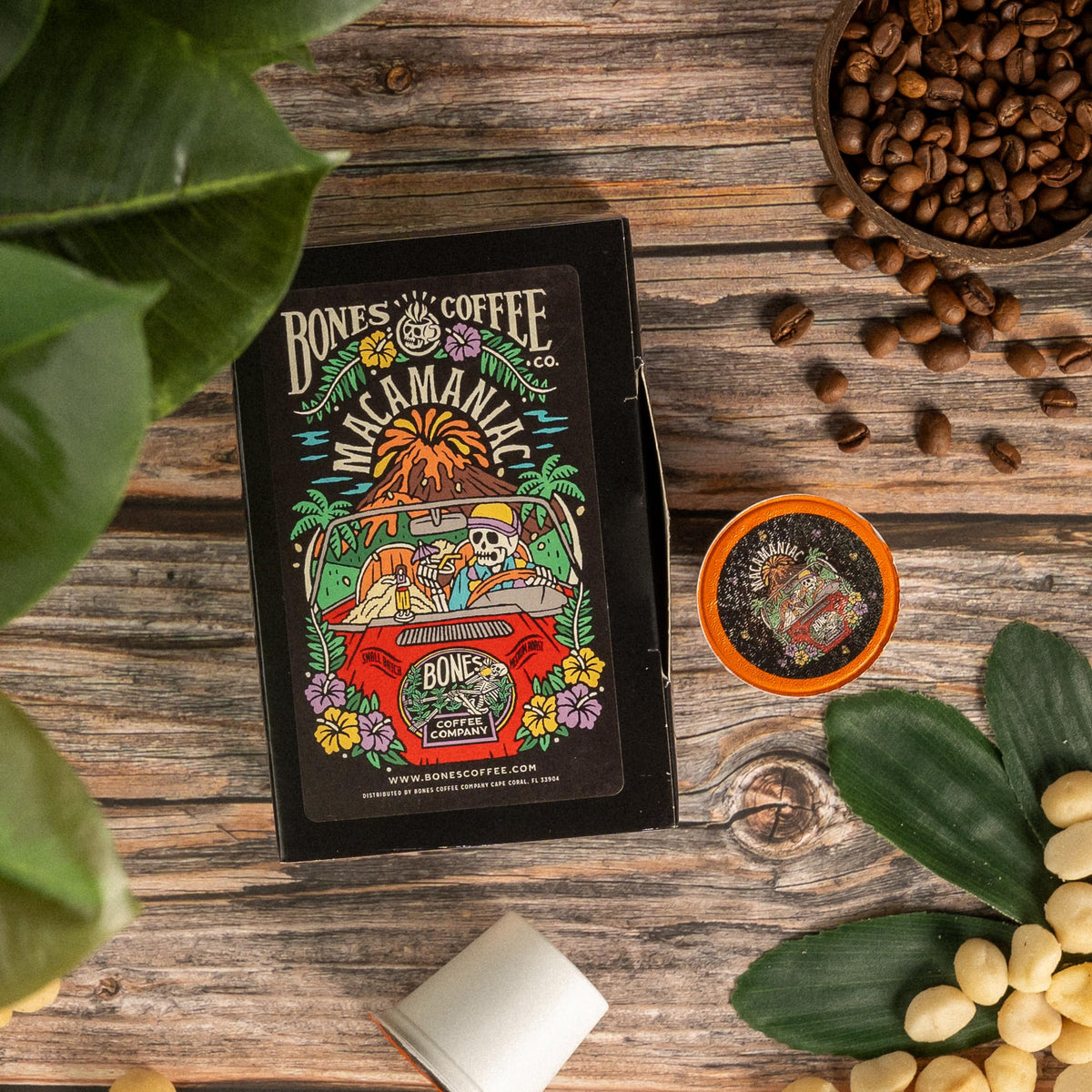 Bones Coffee Macamaniac pods in cup deliver a smooth medium roast with full body.