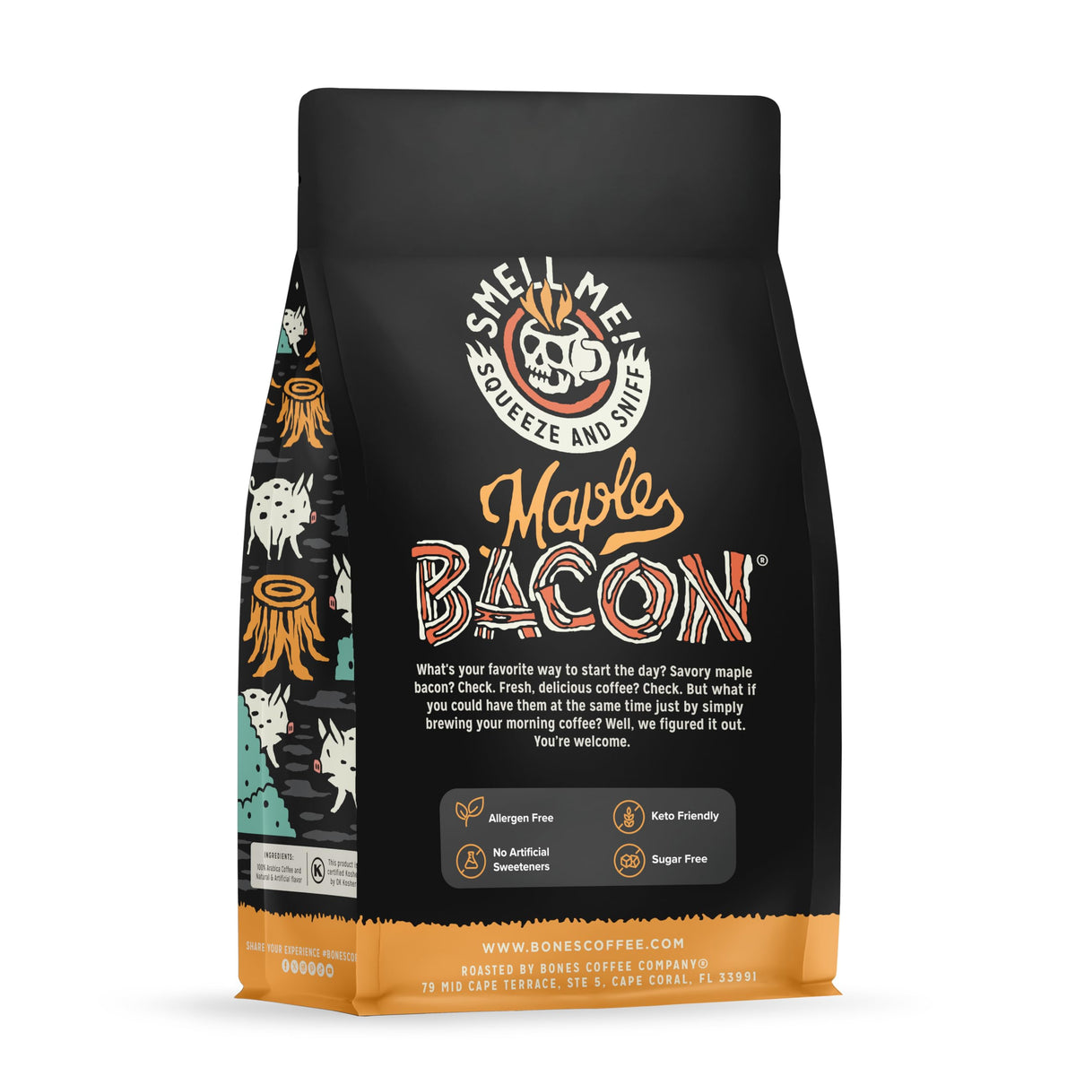 Bones Coffee Maple Bacon cup highlighting flavorful aroma and daily pick-me-up.