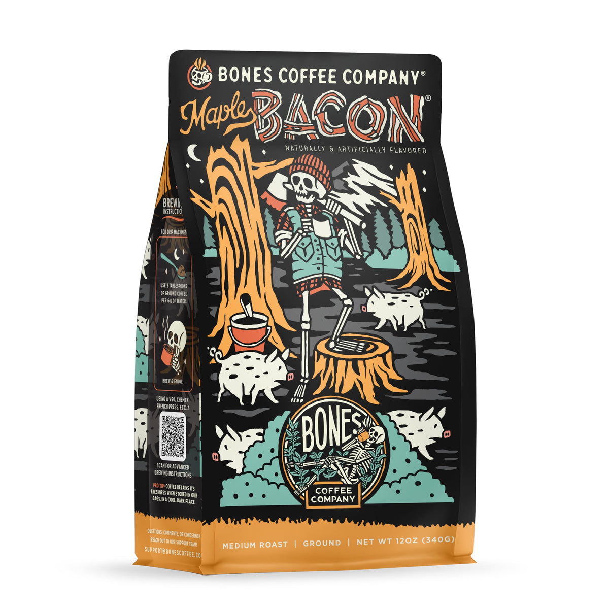 Bones Coffee Maple Bacon ground bag with bold aroma for auto drip.