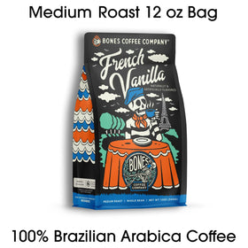 Bones Coffee medium roast arabica closeup highlights low acidity and balanced flavor.