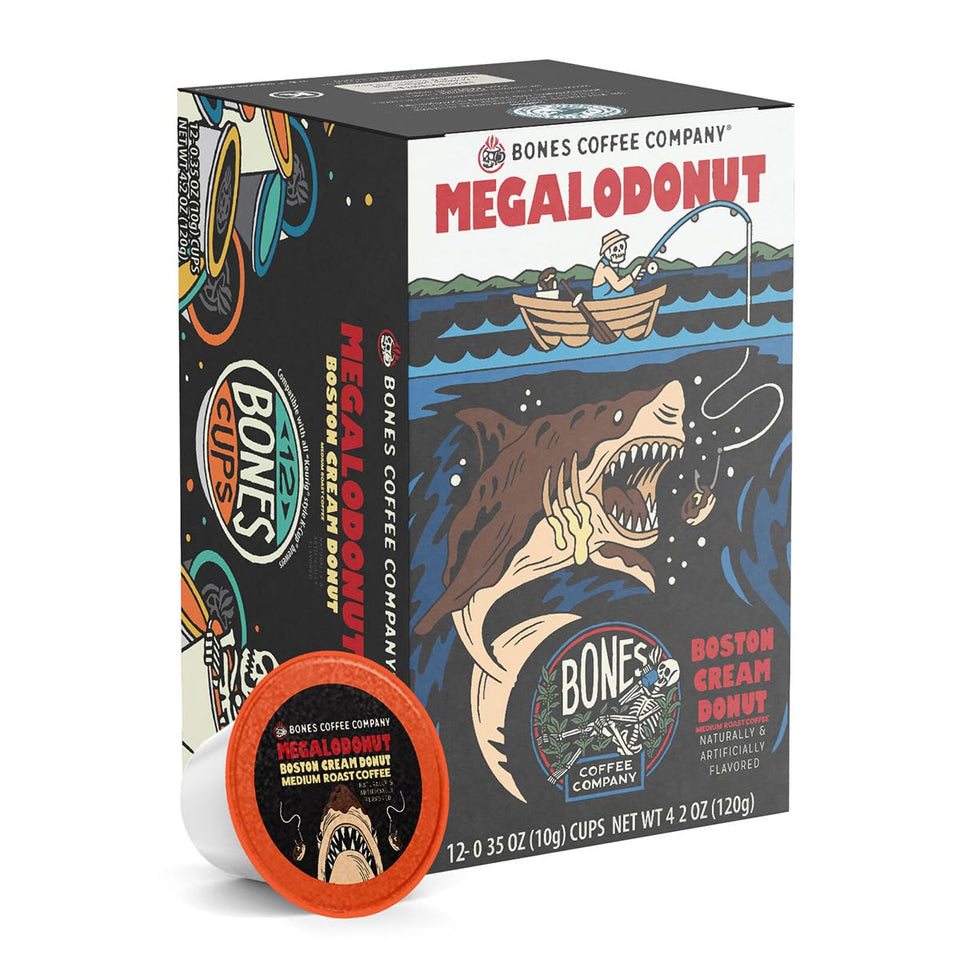 Bones Coffee Megalodonut pods packaging highlights recyclable packaging for eco-conscious customers.