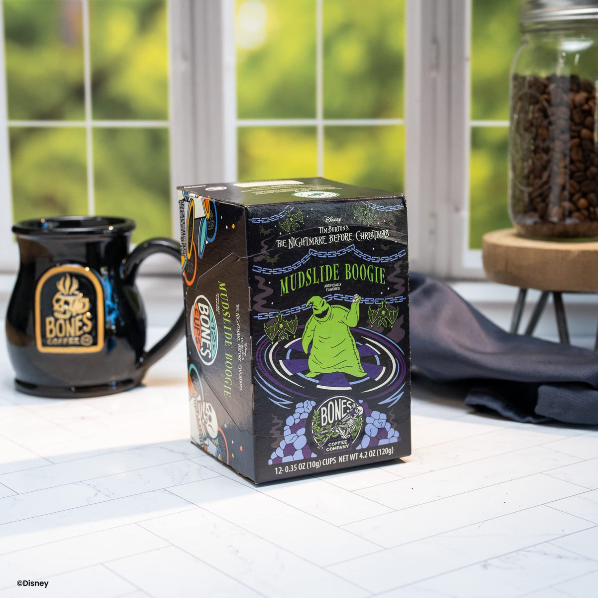 Low-acidity Bones Coffee Mudslide Boogie brew for smooth sip.