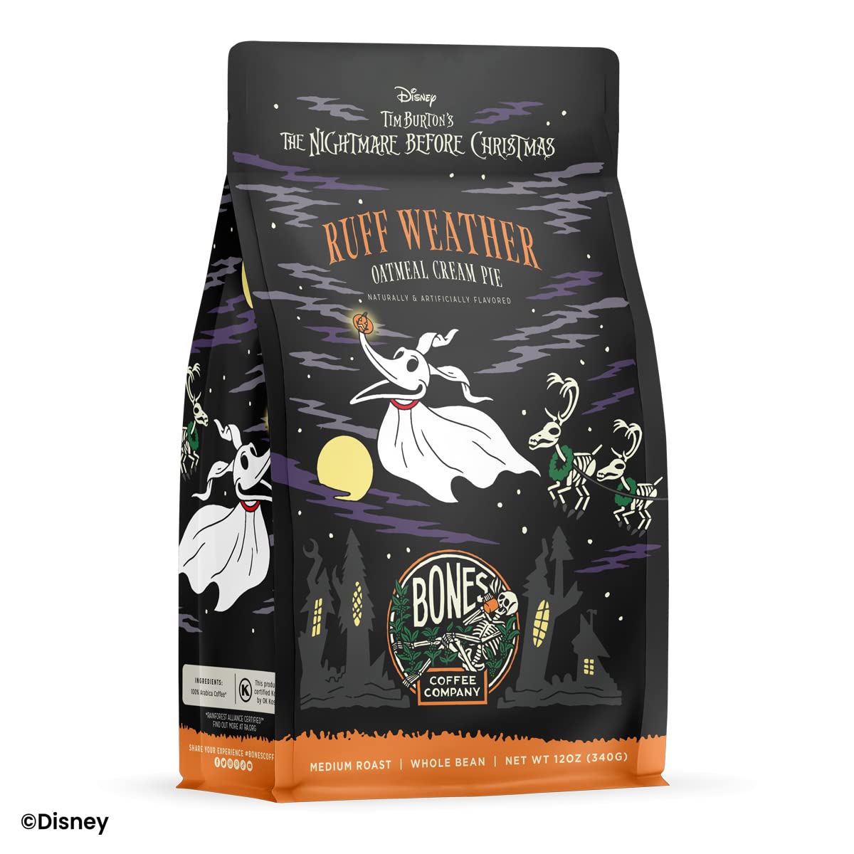 Bones Coffee Nightmare Before Christmas Ruff Weather beans closeup with chocolate notes.