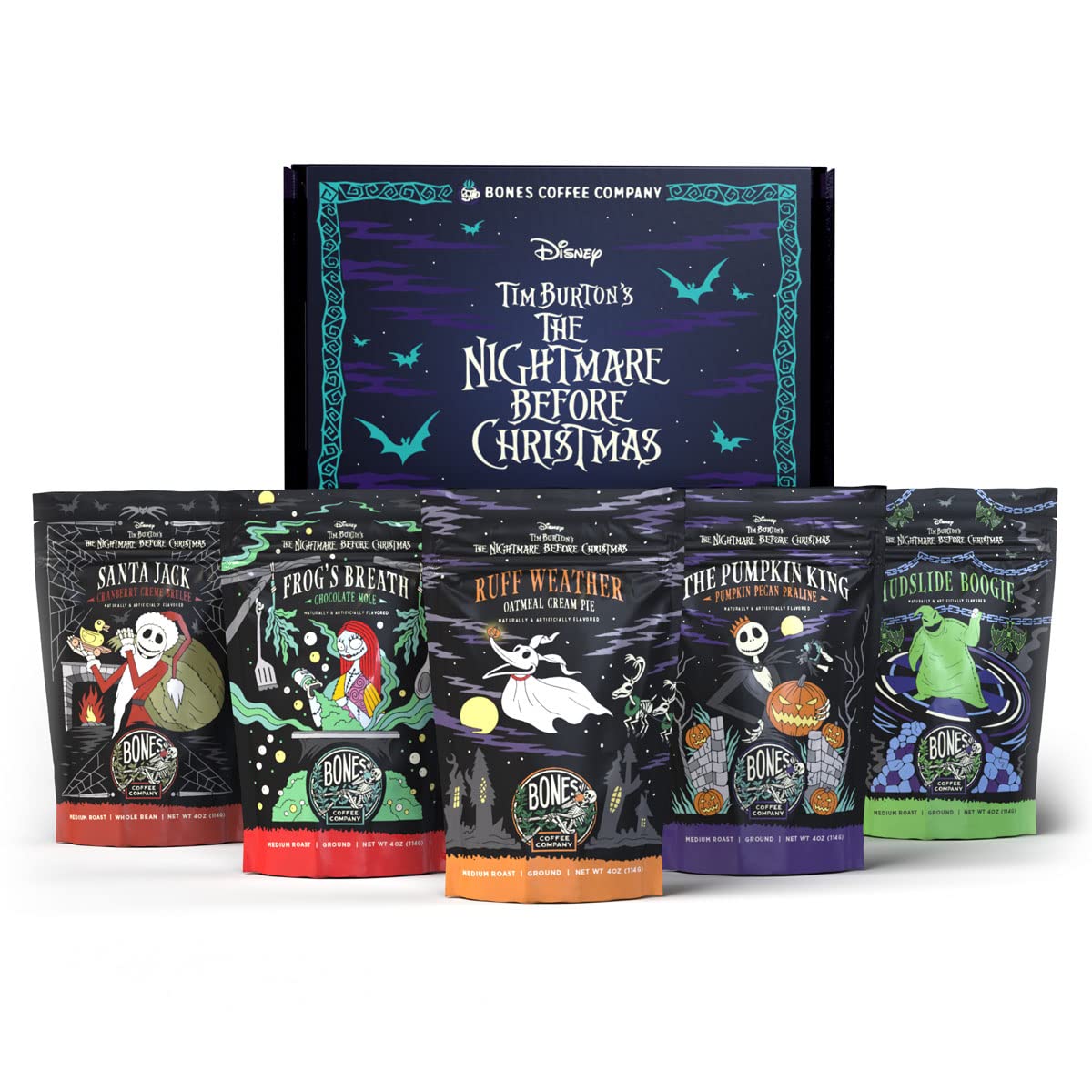 Bones Coffee Nightmare Collector Box with five flavored 4oz bags for gifting.