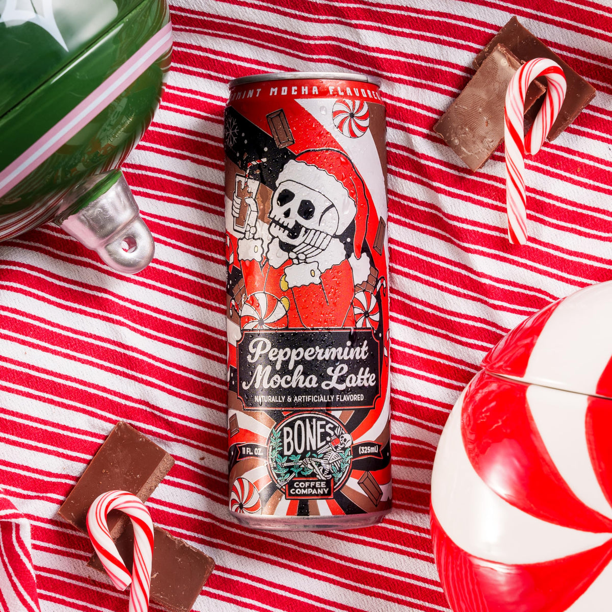 Bones Coffee Peppermint Mocha Latte bean batch, ethically sourced Arabica.