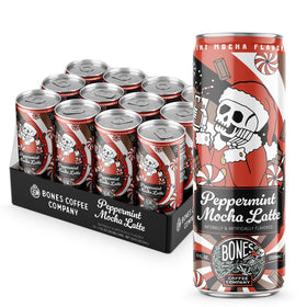 Bones Coffee Peppermint Mocha Latte 11oz can, front view for ready-to-drink mornings.