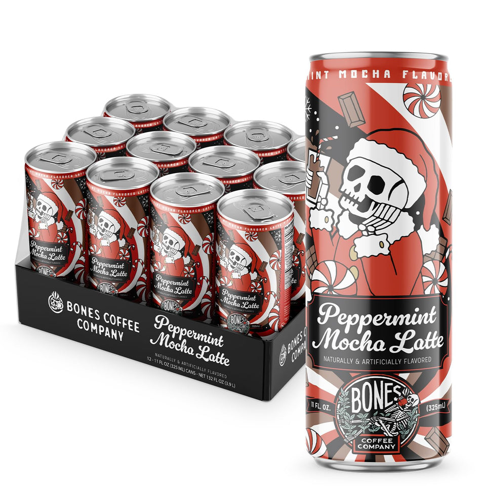 Bones Coffee Peppermint Mocha Latte 11oz can, front view for ready-to-drink mornings.
