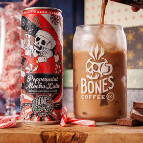 Bones Coffee Peppermint Mocha Latte close-up shows creamy texture and cocoa notes.