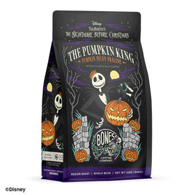 Bones Coffee Pumpkin King ground coffee enables versatile auto drip brewing.